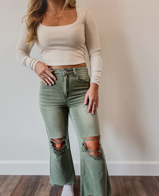 Olive Distressed Crop Jeans